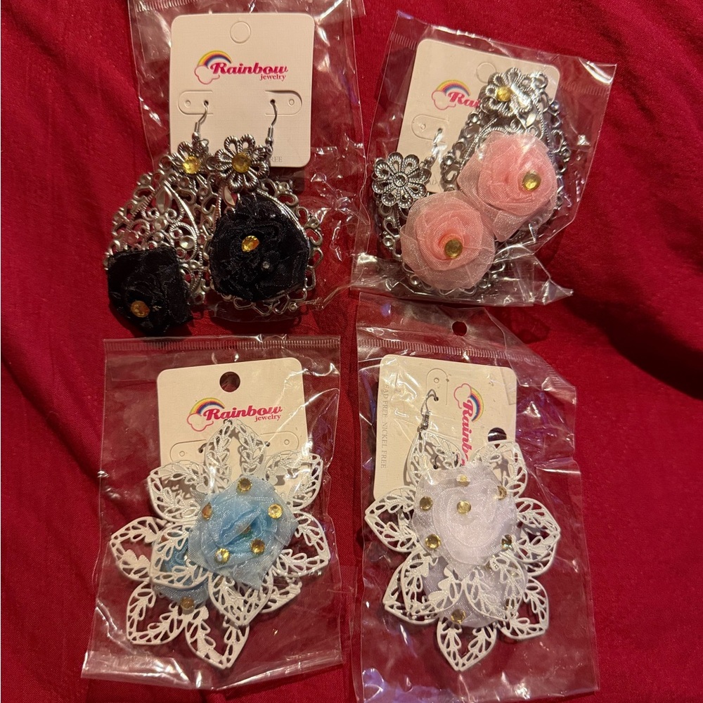 Rainbow Floral Earrings Set - Black, Pink, Blue, White
